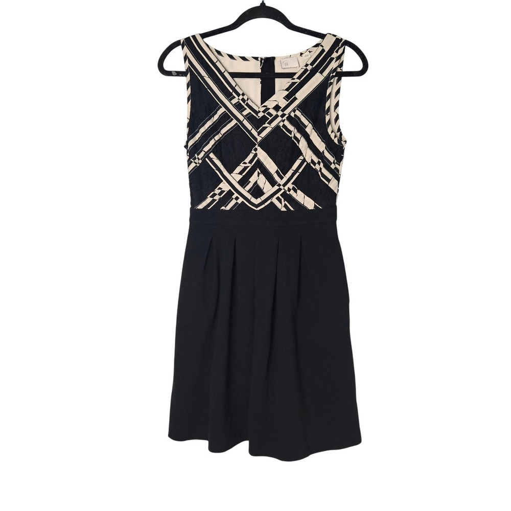Anthropologie Postmark Voksoper Geometric Fit &Flare Dress Black & Cream size 4